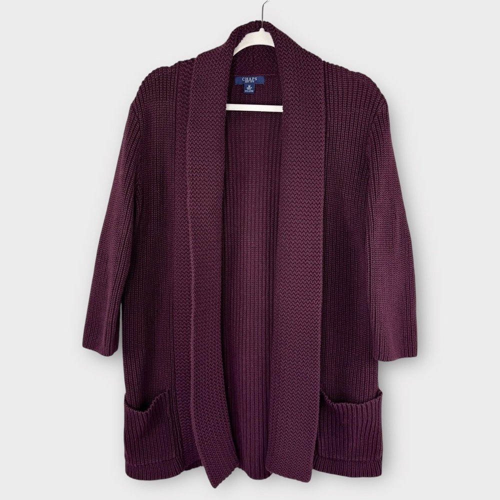 Chaps Burgundy Open Front Cardigan Sweater M Chunky Knit 100% Cotton 3/4 Sleeve